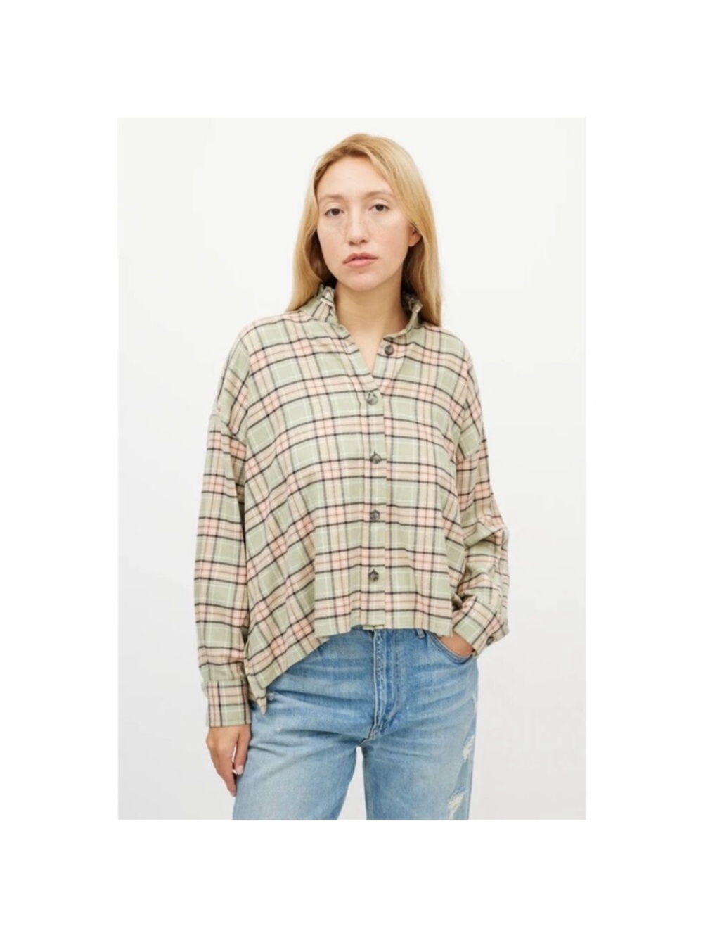 Isabel Marant Plaid Button-Up Shirt in Soft Green & Pink